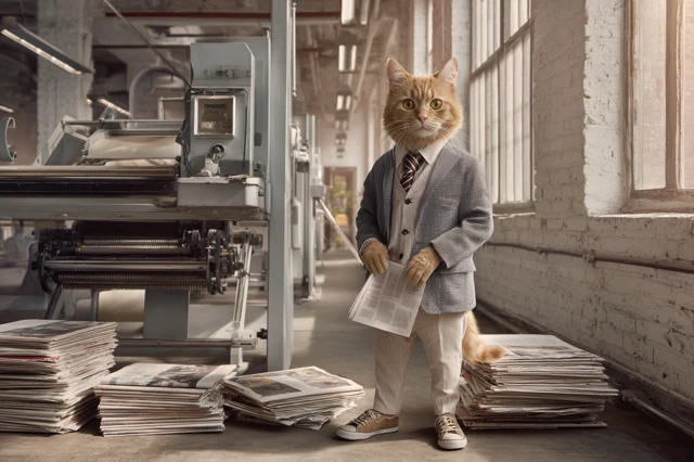 Business Cat Holding Newspaper in Printing Shop
