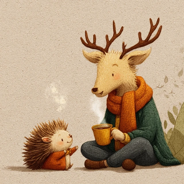 Cozy Winter Illustration: Deer and Hedgehog