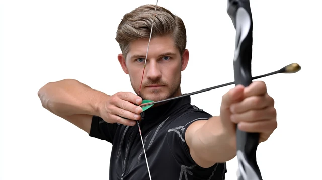 Archer with Compound Bow Focused and Ready to Shoot