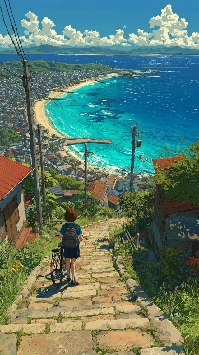 Anime Coastal City Girl and Bike Dreamy Illustration