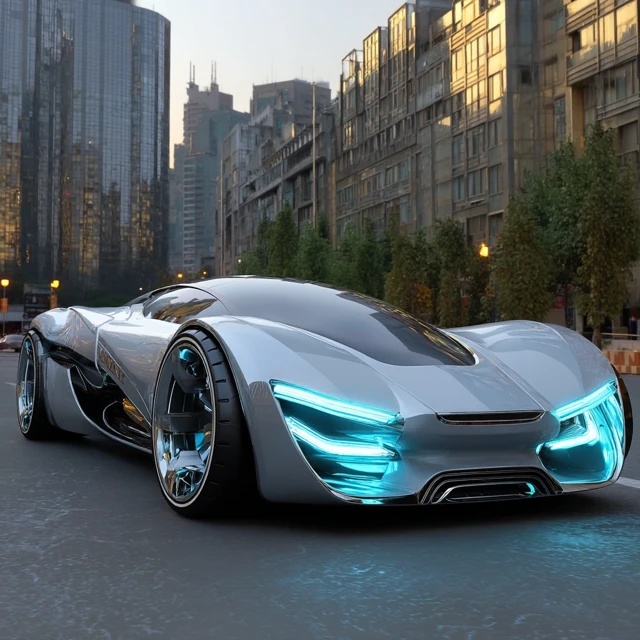 Futuristic Silver Car Concept in Urban Cityscape