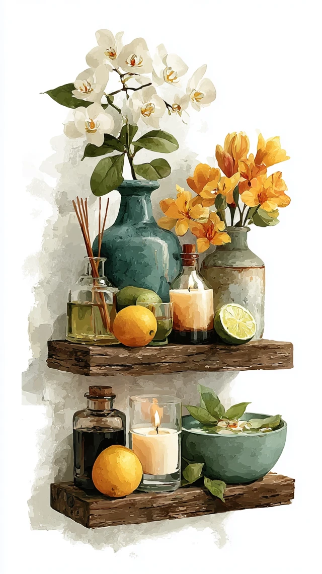 Watercolor Bathroom Decor Shelf with Candles and Lemons