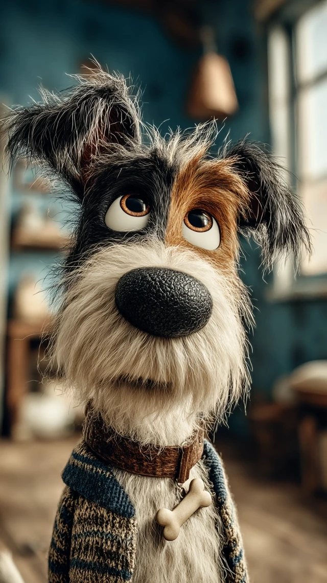 Pixar Style Cartoon Dog Staring at Bone