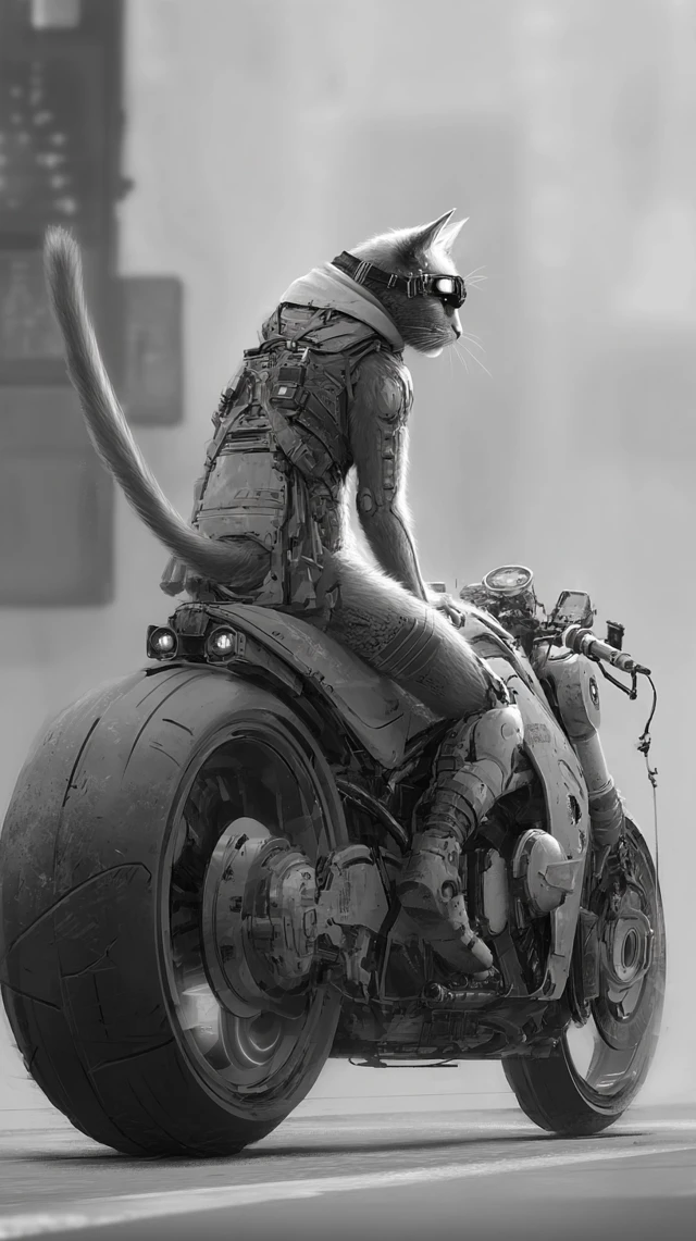 Futuristic Cat on Motorcycle Cyberpunk Illustration