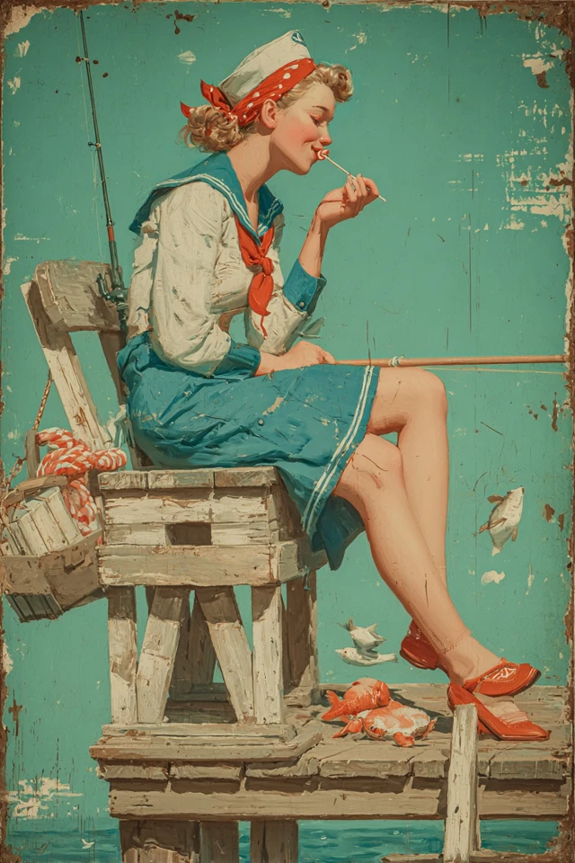 Vintage Sailor Girl Fishing Lollipop Dock Scene Art
