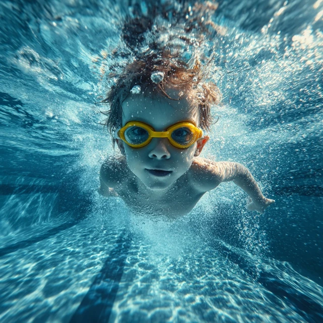 Underwater Photo Child in Yellow Goggles Swimming