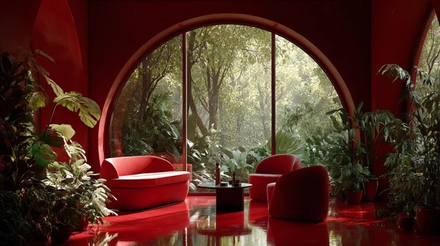 Modern Red Living Room with Lush Foliage View