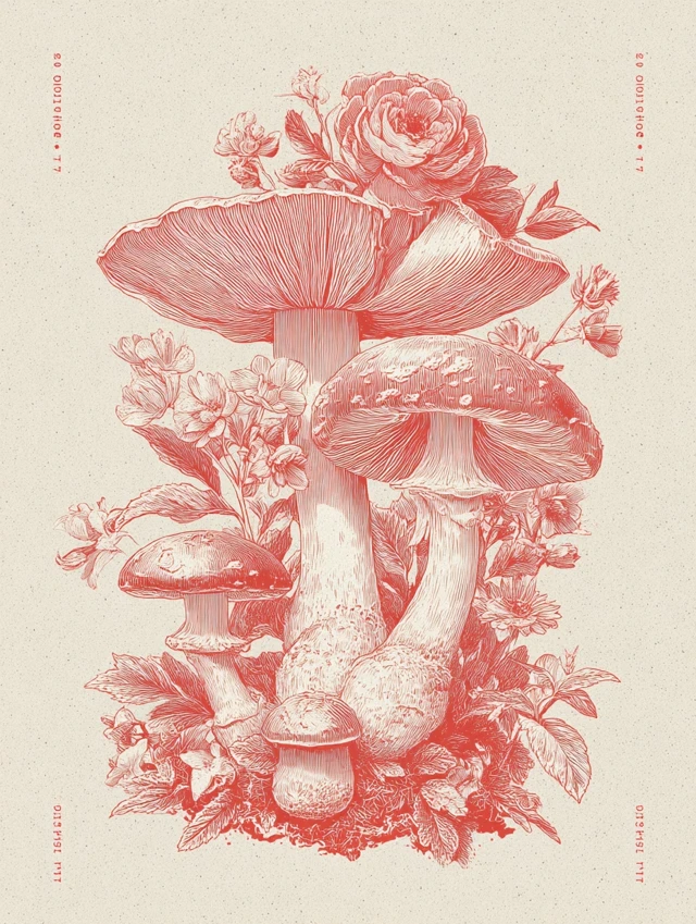 Elegant Botanical Illustration of Mushrooms and Flowers