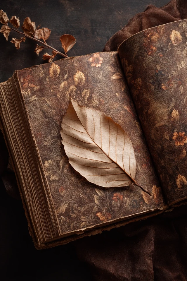 Vintage Book with Floral Design and Dried Leaf