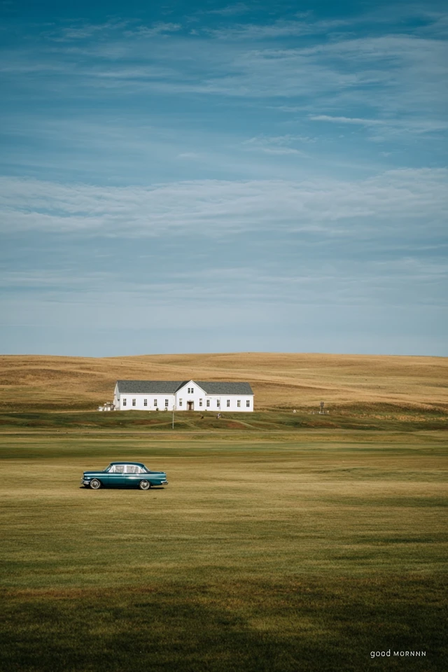 Old Car on Grassland Serene Landscape