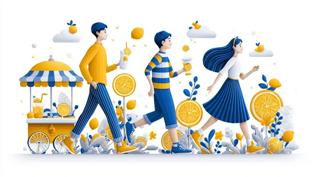 Kids Running to Lemonade Stand Yellow and Blue