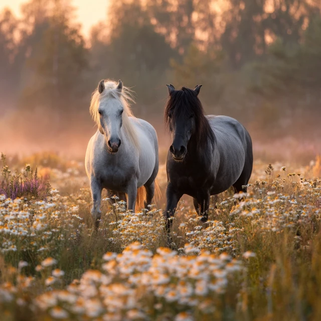 Horses in a Summer Flower Field Morning Sun