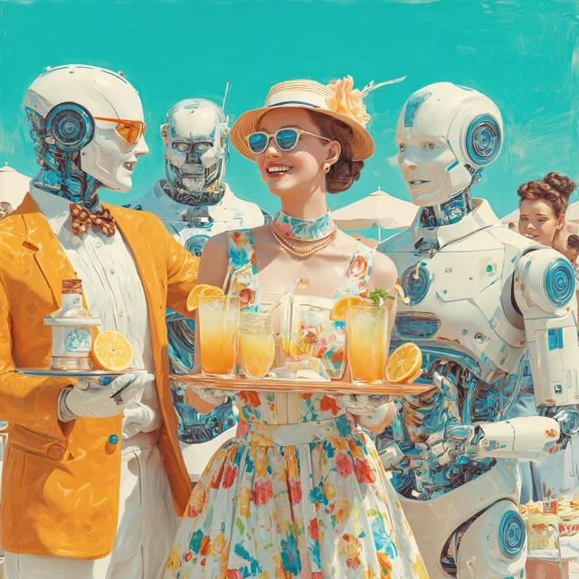Summer Party with Robots Photorealistic Portrait