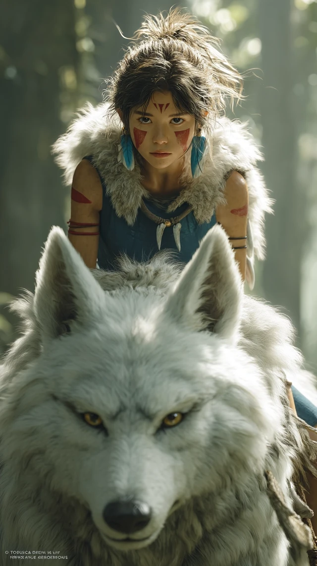 Japanese Girl on a Wolf in Mystical Forest Photo