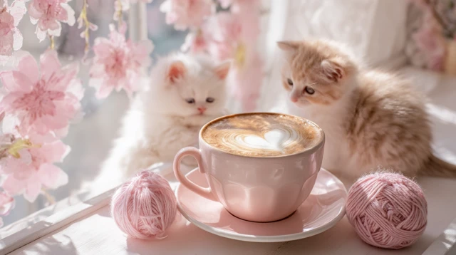 Cute Kittens in a Cafe with Latte Art