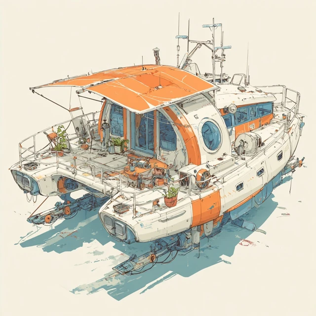 Magical Solar Punk Catamaran Illustration