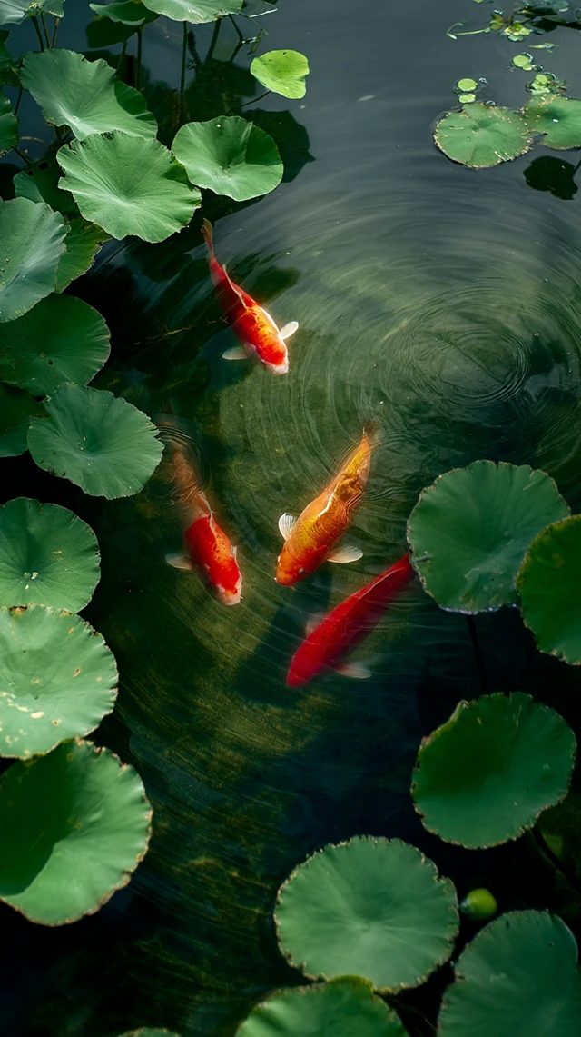 Koi Fish and Lotus Leaves in Tranquil Waters