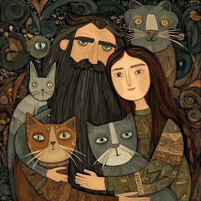 Couple with Cats in Elegant Art Style