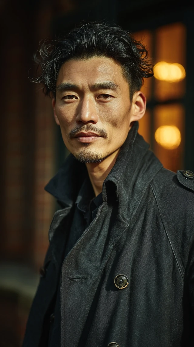 Mature Asian Man in Trench Coat Cinematic Portrait