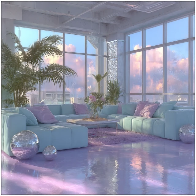 Retro Futuristic Pastel Living Room