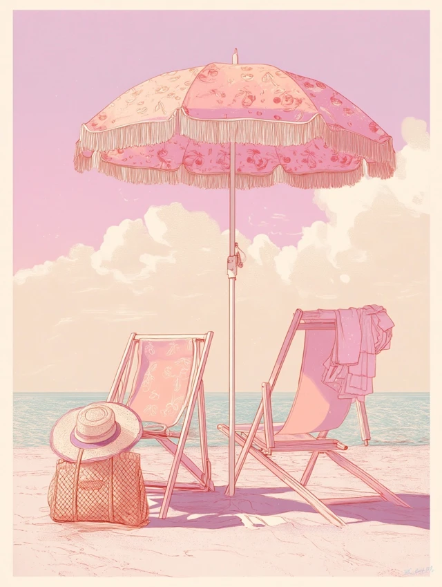 Pastel Beach Scene with Chairs and Umbrella