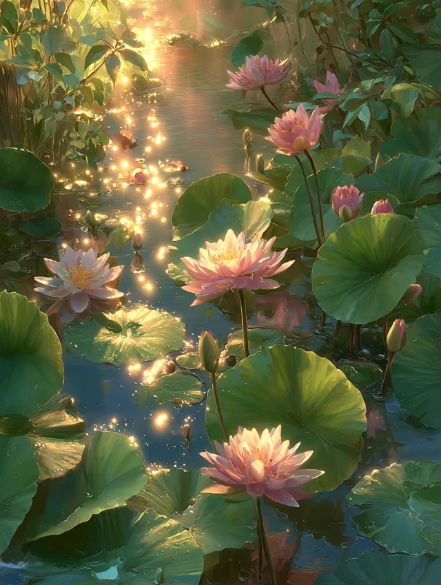 Lotus Pond Painting Golden Hour Impressionistic Art
