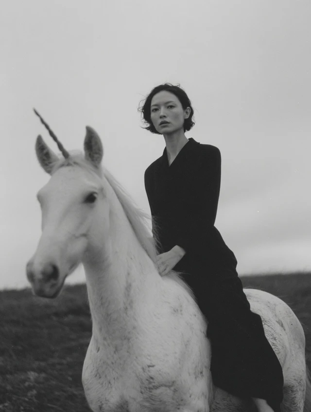 Japanese Woman on Unicorn Elegant Black and White Photo