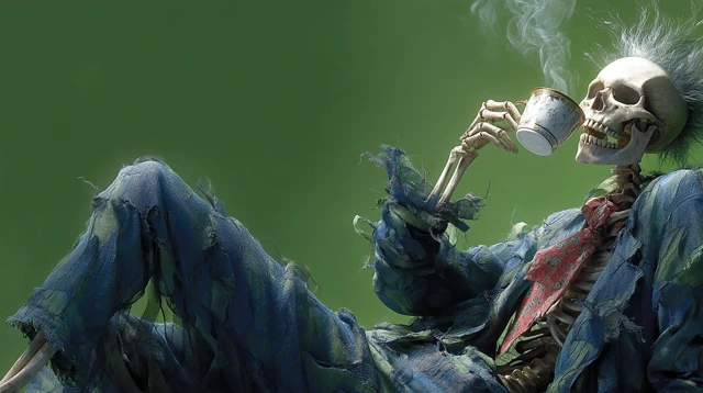 Skeleton Drinking Coffee Green Palette Illustration