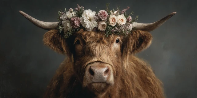 Highland Cow Oil Painting with Floral Crown Vintage Style