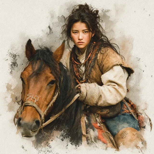 Mongolian Girl Riding Horse Oil Painting