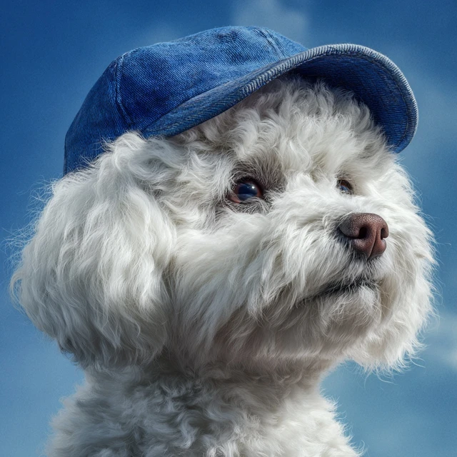 Bichon Frise Dog in Blue Cap Photorealistic