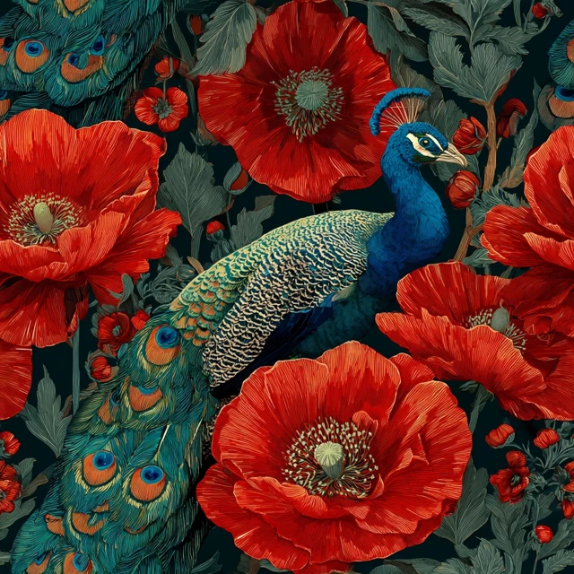 Peacock and Poppy Textile Design Decorative Art