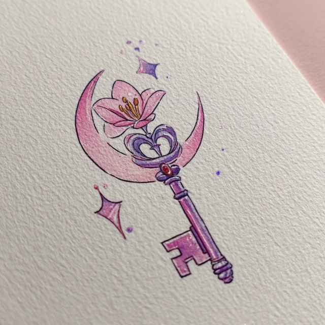 Cute Magical Key Moon Flower Cartoon Tattoo Design