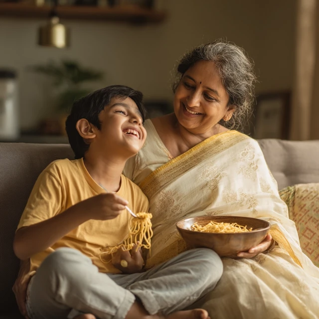 Joyful Family Moment Boy and Grandmother Eating Noodles