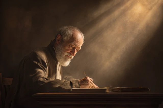 Man Writing with Our Lady Above Photo Realistic