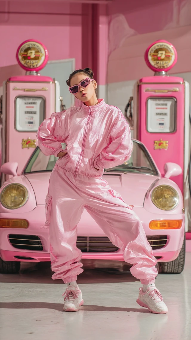 Asian Pop Star in Pink Racing Suit Editorial Photo