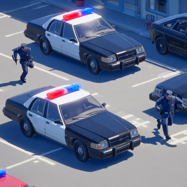 Police Cars and Officers in a 3D Cartoon Scene
