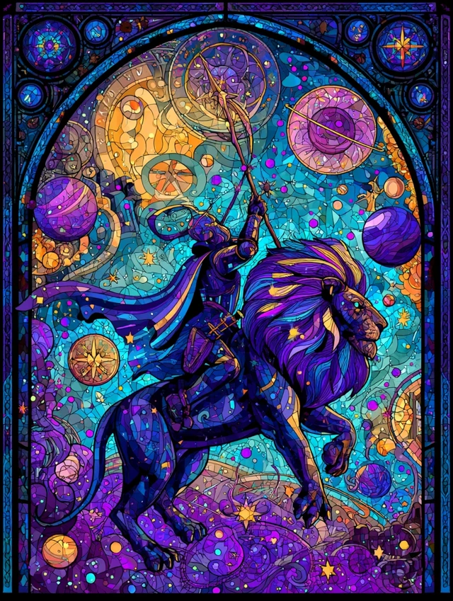 Moon Circus Tamer Cosmic Lion Stained Glass Art