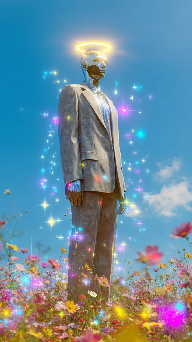Metallic Mannequin in Floral Field Dreamlike Scene