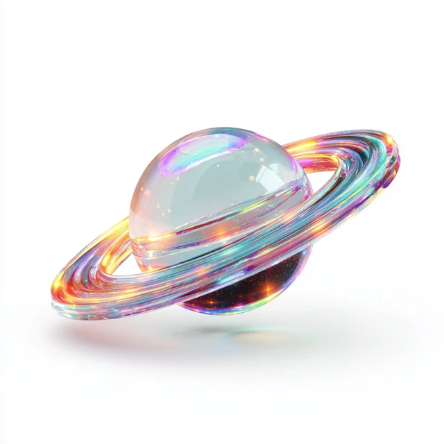 3D Holographic Saturn Icon Shimmering Rings Isolated