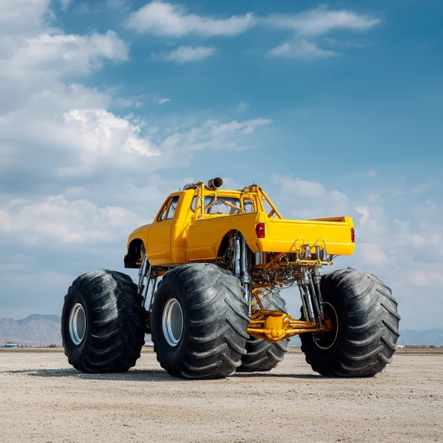 Yellow Monster Truck Rear View Against Blue Sky