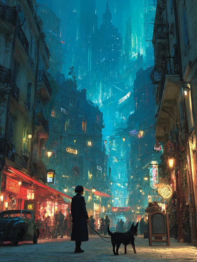 SciFi City Scene Humanoid and Dog