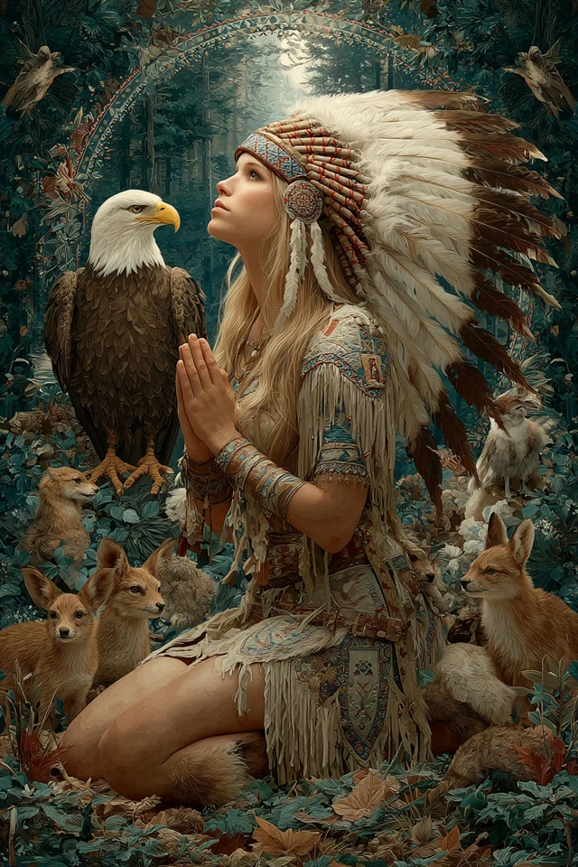 Native American Woman Eagle Headdress Forest