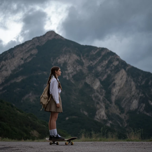 Teenage Girl with Skateboard in the Mountains