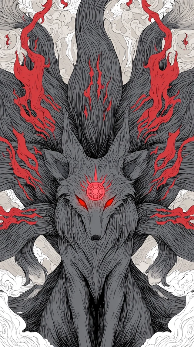 Kitsune Art: Divine Nine-Tailed Fox in Ukiyo-e Anime Style