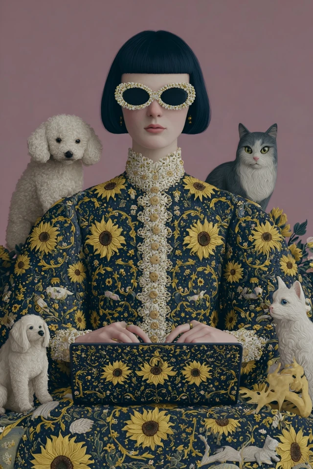 Japanese NeoPop Screenwriter with Dogs Cats and Sunflowers