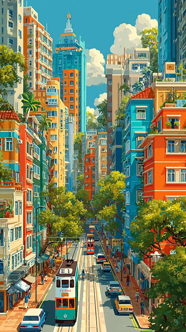 Hong Kong Cityscape: Vibrant Cartoon Illustration