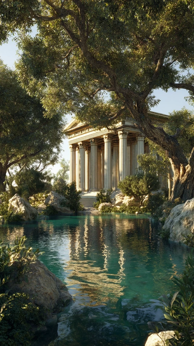 Ancient Greek Temple in Nature Golden Sunlight