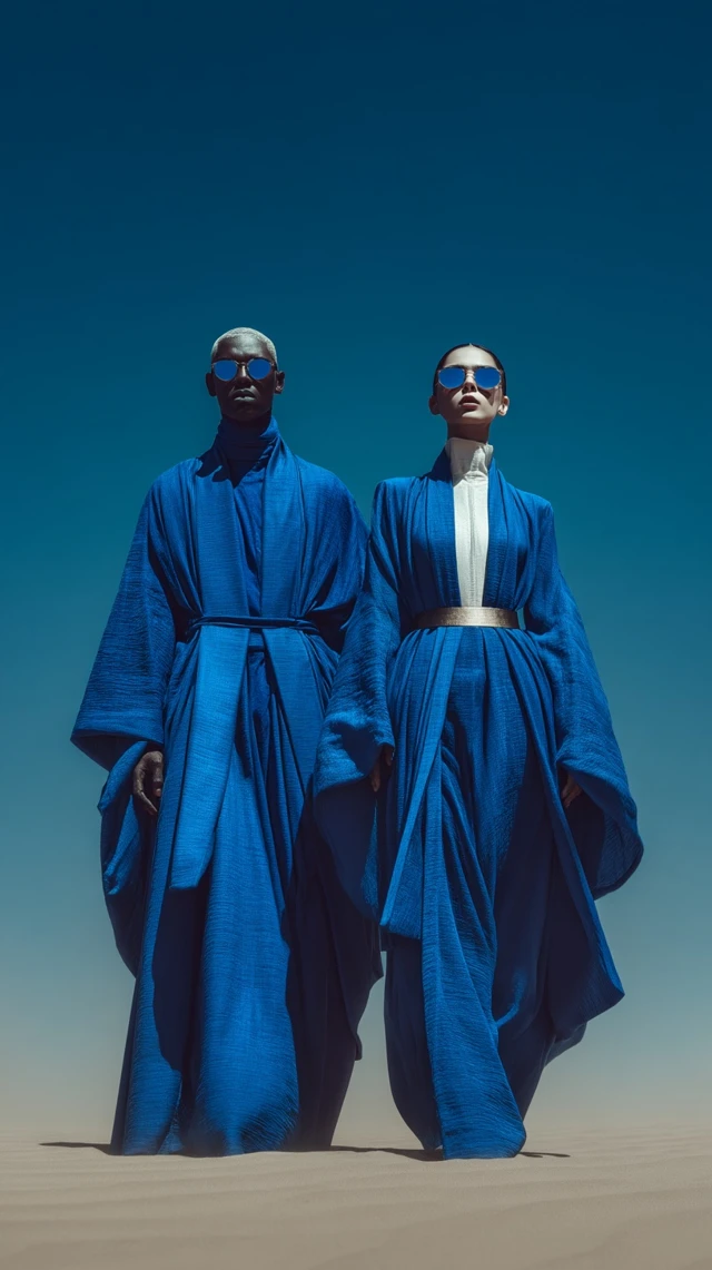 Fashion Editorial Desert in Klein Blue Couture Style