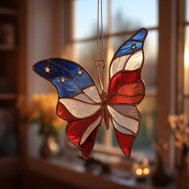 American Flag Stained Glass Butterfly Suncatcher